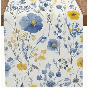 Table Runner 13x72in Woven Polyester Blue and Yellow Floral